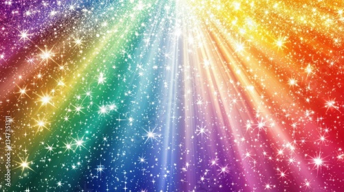 Vibrant Rainbow Burst: Radiant Light Beams and Glittering Stars in a Colorful Spectrum