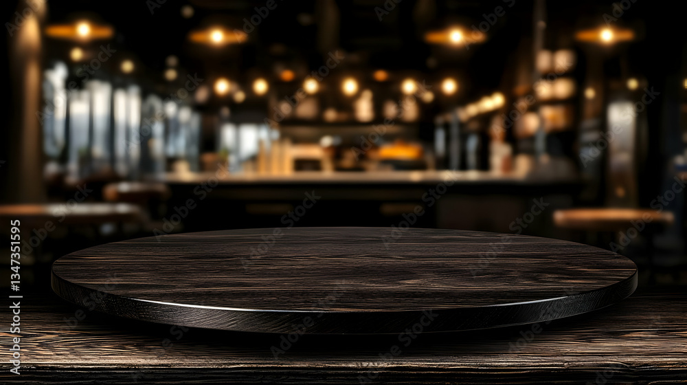 Obraz premium Dark Wooden Round Table Display Against Blurred Bar Background