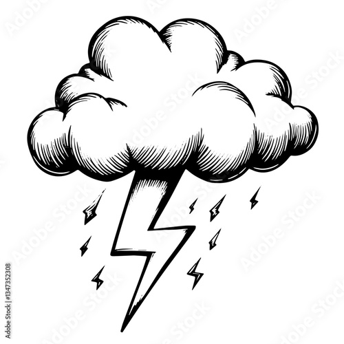 Thunderstorm cloud with lightning bolts and rain in black ink illustration
