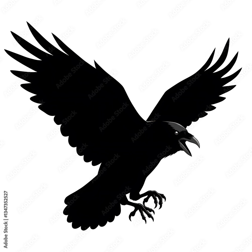 Obraz premium Majestic Raven in Flight: A Striking Black Silhouette Against White Background