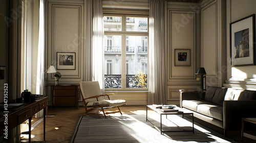 Elegant Living Room Interior with Sunlight Streaming Through the Window Featuring Cozy Furniture and Wooden Floor