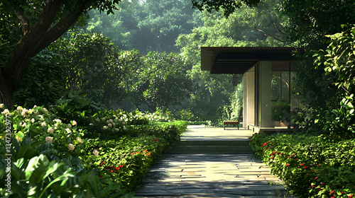 Lush Green Garden Pathway Leading To Modern Glass Building With Sunlight Through Trees