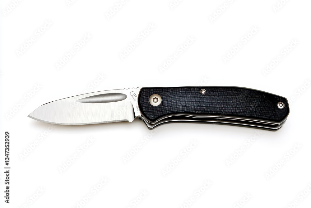 Sleek Black Carbon Fiber Folding Knife with Silver Blade on White Background Sleek Black Carbon Fiber Folding Knife with Silver Blade on White Background