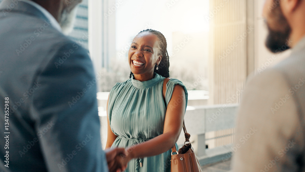Fototapeta premium Shaking hands, rooftop and business people with negotiation in city for finance with risk management meeting. Agreement, greeting and financial planner with client for investment deal with handshake.