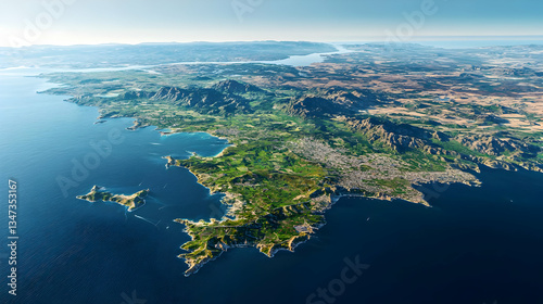 High Angle View Of Coastal Cityscapes With Lush Vegetation And Water