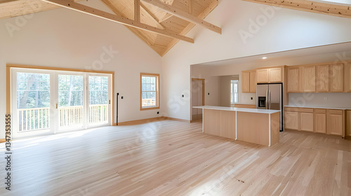 Spacious Light Wood Interior With High Ceilings And Large Windows Provides A Clean Modern Design For A New Home