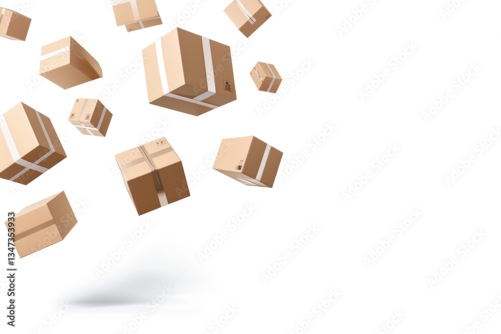 Multiple cardboard boxes falling against a white background, showcasing shipping or delivery concept. Multiple cardboard boxes falling against a white background, showcasing shipping or delivery concept.