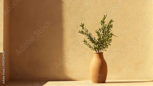 Brown Terracotta Vase With Green Plant Against Textured Wall in Sunlight