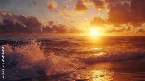 Ocean Sunset: Golden Hour Waves Crashing on Shore