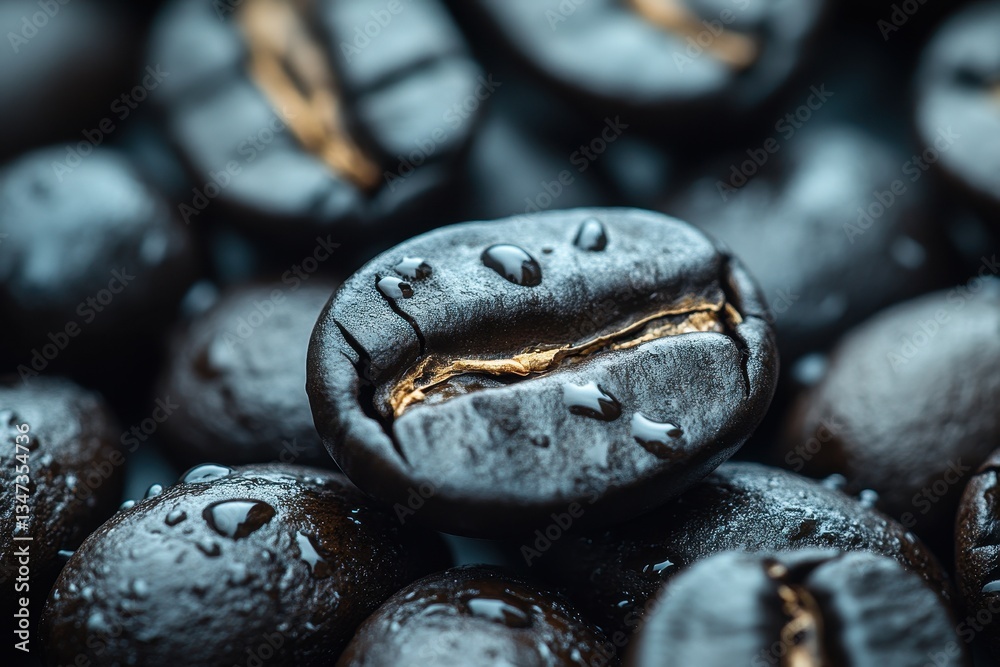 Fototapeta premium Coffee beans glistening with moisture showcase their rich texture and quality in a close-up view