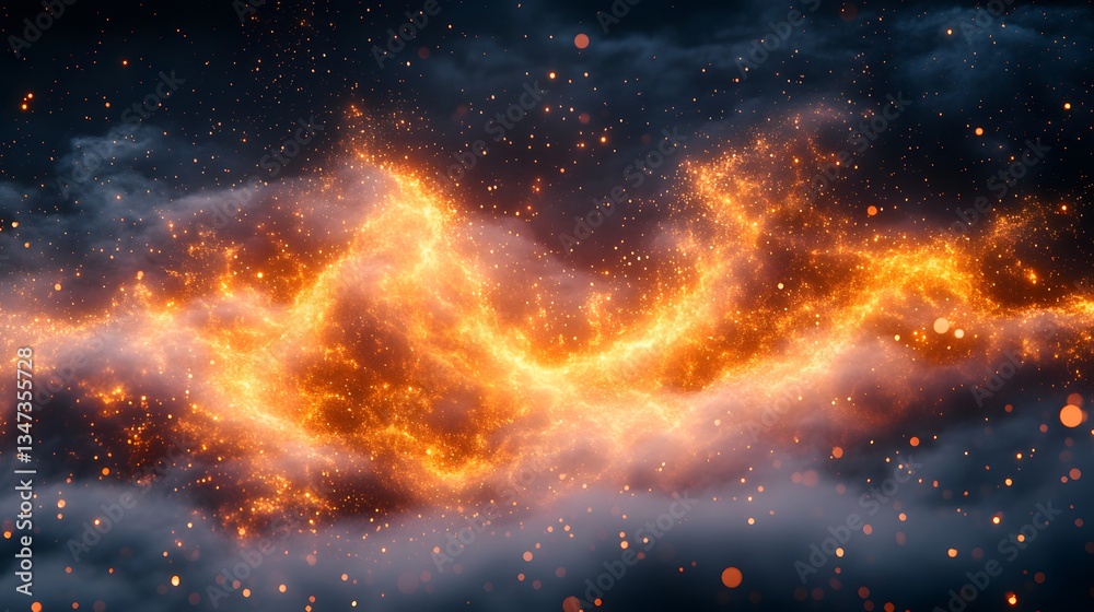 Fototapeta premium Glowing Orange Nebula in Dark Space with Stars