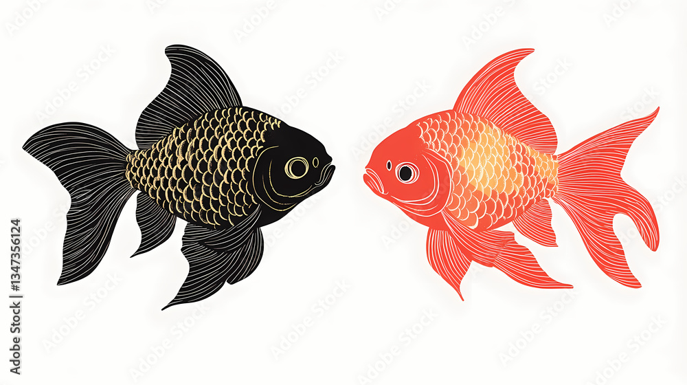 Fototapeta premium Two Oranda Goldfish: Two elegant Oranda goldfish, one black and one red, swim in opposite directions, their textures and colors enhanced by a classic style.