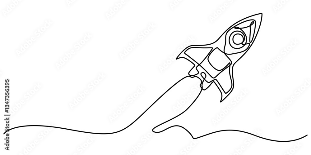 Fototapeta premium Continuous Line Drawing of Spaceship Icon. Hand Drawn Symbol Vector Illustration, Single continuous line drawing rocket. Startup concept, Rocket, spaceship drawn in continuous line in minimalism style