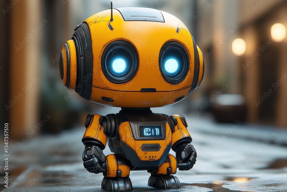 Cute yellow robot standing in a futuristic urban alley during twilight with glowing eyes Cute yellow robot standing in a futuristic urban alley during twilight with glowing eyes