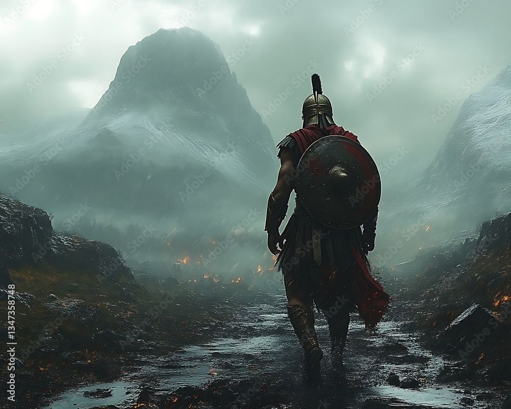 Obraz premium Warrior's Journey Through Misty Mountains