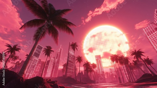 Futuristic Sunset Over Neon City with Palm Trees