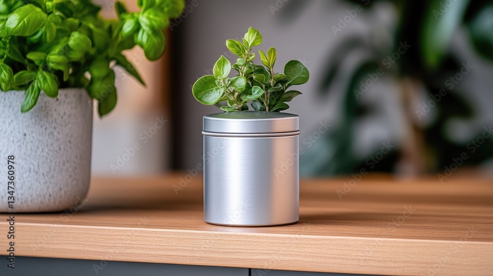 Small, cylindrical, metallic container with herbs. Fresh greenery grows inside. Modern kitchen counter setting Small, cylindrical, metallic container with herbs. Fresh greenery grows inside. Modern kitchen counter setting