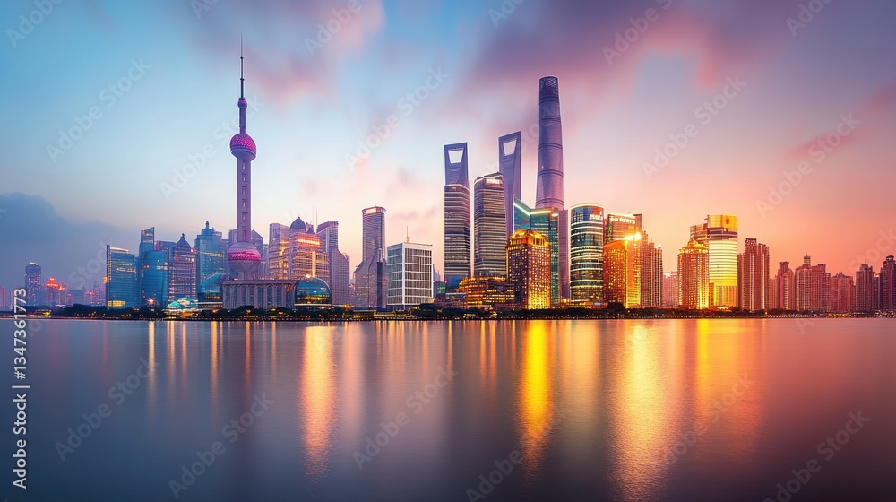 Fototapeta premium Shanghai Skyline at Sunrise: A Breathtaking Panorama