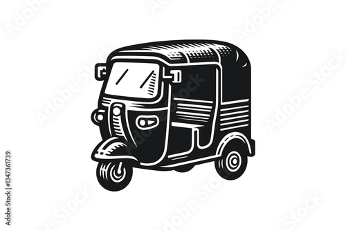Vintage black engraving icon of an Indian auto-rickshaw logo