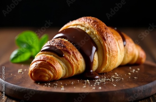 Freshly baked delicious croissant dipped in hot chocolate on a black background. Classic French pastries, gourmet breakfast, low key photo