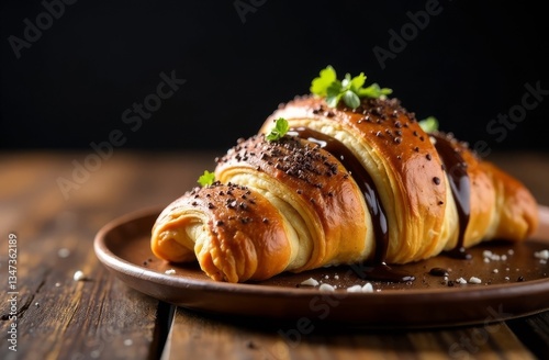 Freshly baked delicious croissant dipped in hot chocolate on a black background. Classic French pastries, gourmet breakfast, low key photo