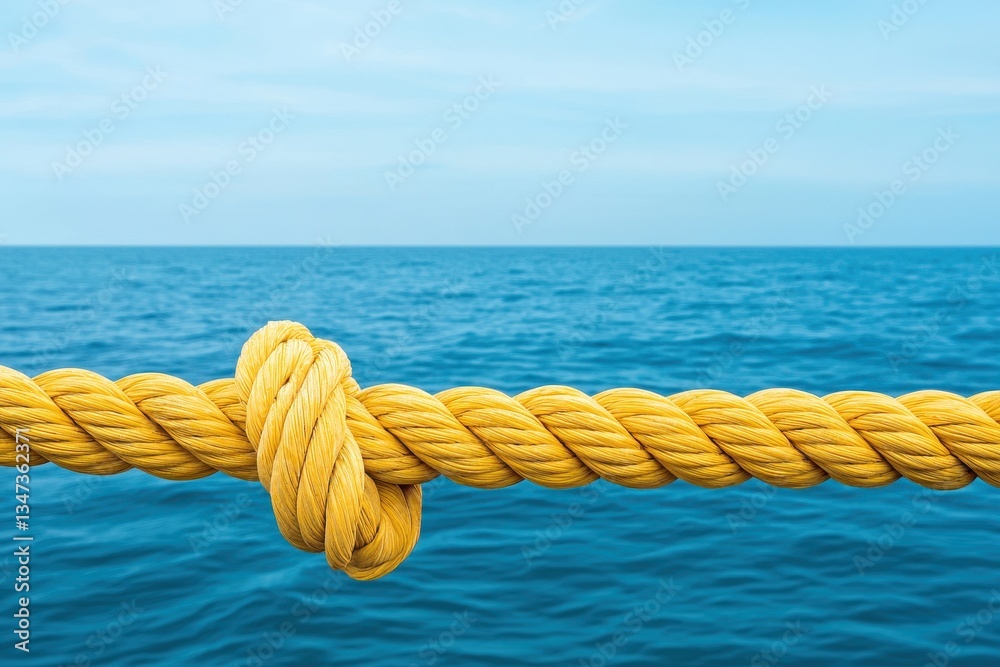 Durability of cables. Rope knot against a serene blue ocean background, evoking calmness and stability. Durability of cables. Rope knot against a serene blue ocean background, evoking calmness and stability.