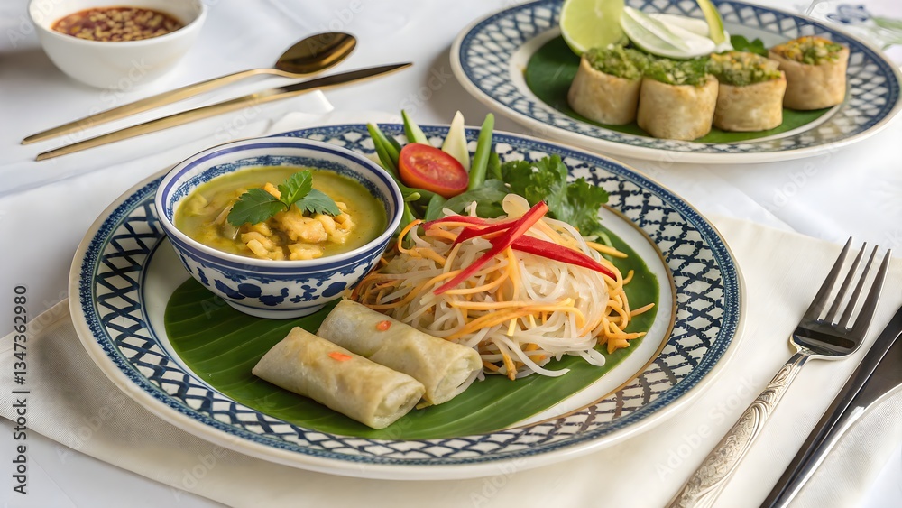 Thai dishes are elegantly displayed on plates across the table. Thai dishes are elegantly displayed on plates across the table.