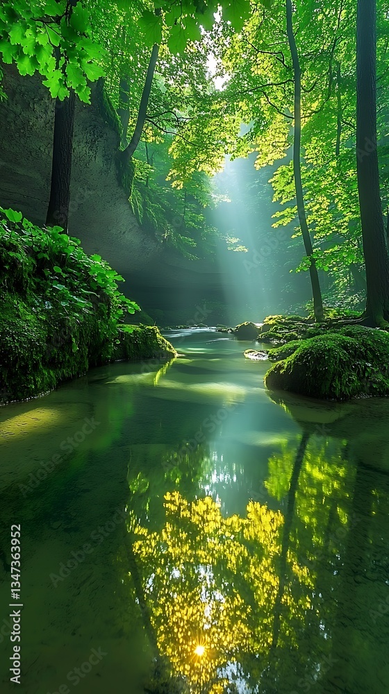 Obraz premium Sunlit Forest Stream Reflection