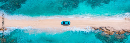 Concept: Tropical adventure. Holiday: Summer getaway. Purpose: Postcard, Travel ad - Turquoise auto on sandbar paradise