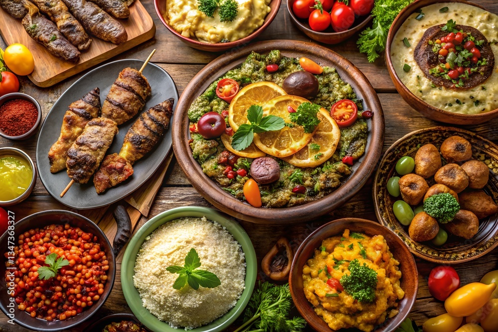 Warm golden sunset light illuminates a festive family gathering sharing delicious traditional middle eastern sweets and on transparent background eid