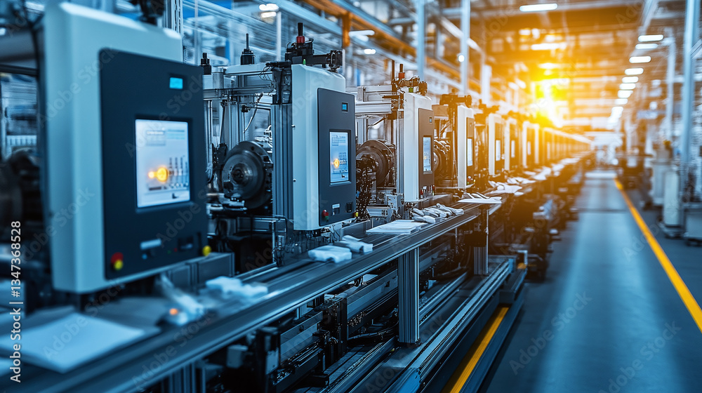 Fototapeta premium A row of automated machines in a modern, high-tech manufacturing facility, highlighting industrial innovation and efficiency