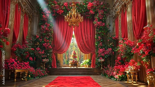A grand hall adorned with rich red curtains, flowers, and golden chandeliers, opulent interior.