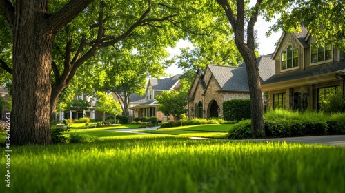 A beautiful home in the city of Dallas, Texas, with lush green grass and large trees in the front yard. The house has three stories and is located on an upscale street with other high-end homes nearby