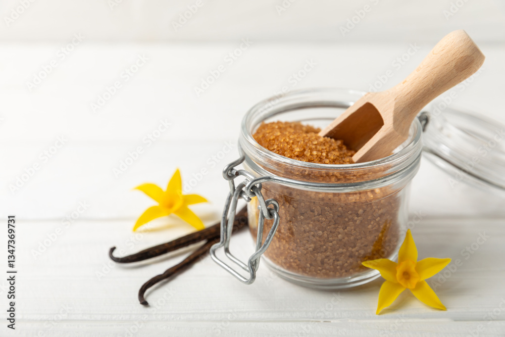 Fototapeta premium Aromatic vanilla sugar. Vanilla pods. Vanilla sticks, brown and white sugar in a bowl on a textured background. Vanilla flowers, spices and herbs for desserts and baking. Space for text. Copy space