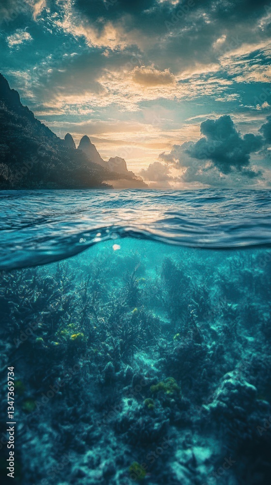 Fototapeta premium A beautiful ocean landscape showing above and underwater views