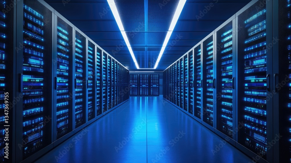 A futuristic data center with illuminated blue server racks in a high-security environment. Ideal for cloud computing, cybersecurity, IT infrastructure, artificial intelligence, and networking A futuristic data center with illuminated blue server racks in a high-security environment. Ideal for cloud computing, cybersecurity, IT infrastructure, artificial intelligence, and networking