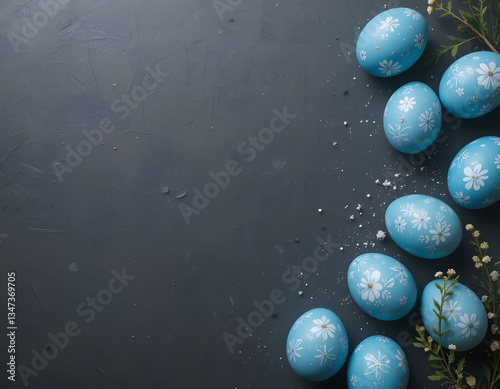 Hand painted blue Easter eggs on a dark background. Stylish minimalist Easter composition. Top view, flat lay, copy space