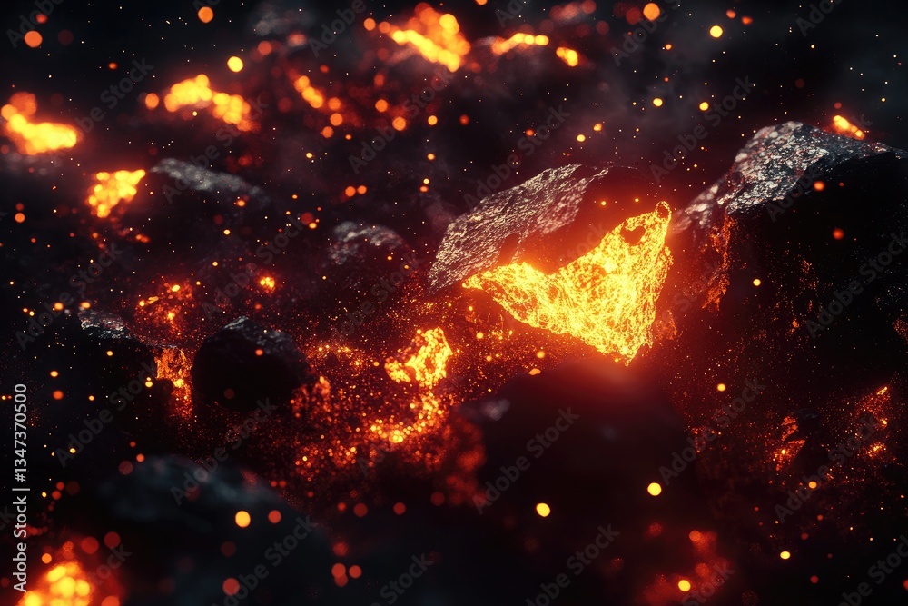 Fototapeta premium Molten rock, fiery, volcanic eruption, fiery debris, glowing lava