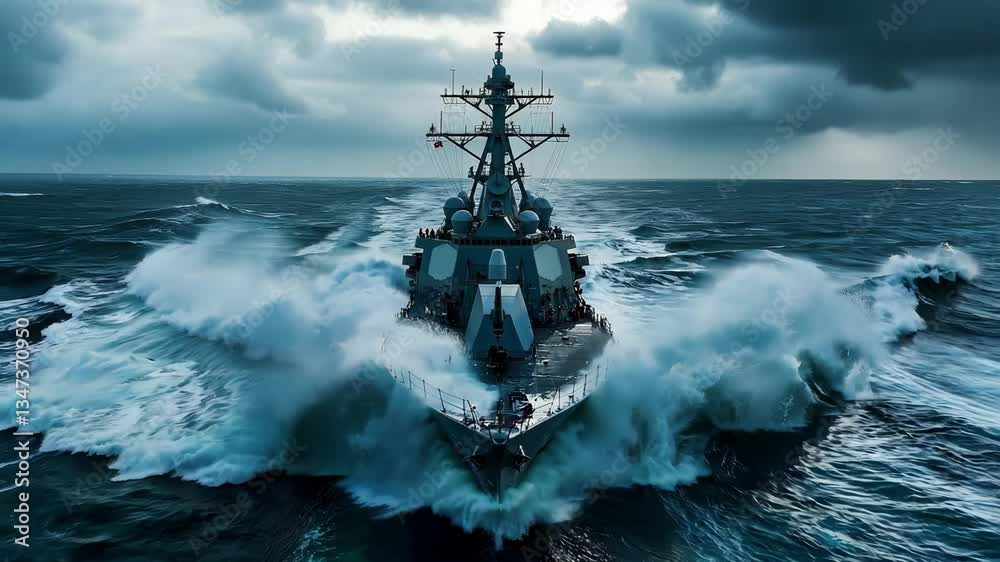 A naval ship moves through turbulent waters under overcast skies, showcasing its powerful design and resilience against nature