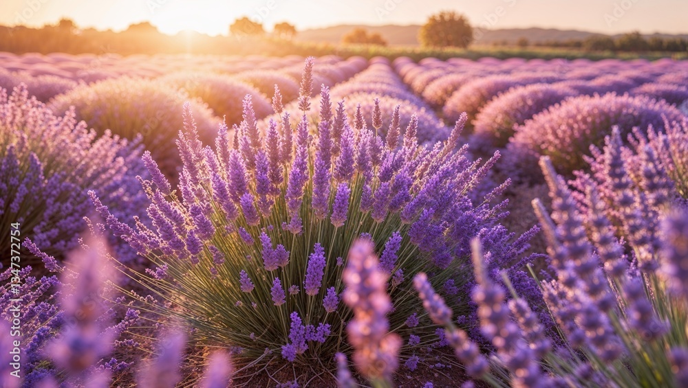 Obraz premium A peacefully vibrant lavender field, basking in the warm glow of sunset, its blossoms swaying gently in the evening breeze.