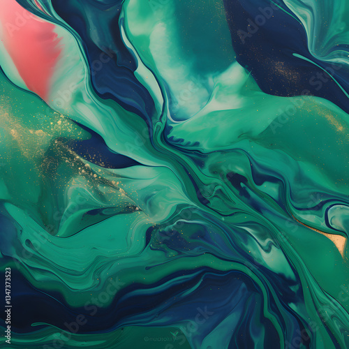 an ethereal cosmos of swirling watercolor galaxies in emerald green and sapphire blue, flowing organically with golden highlights

