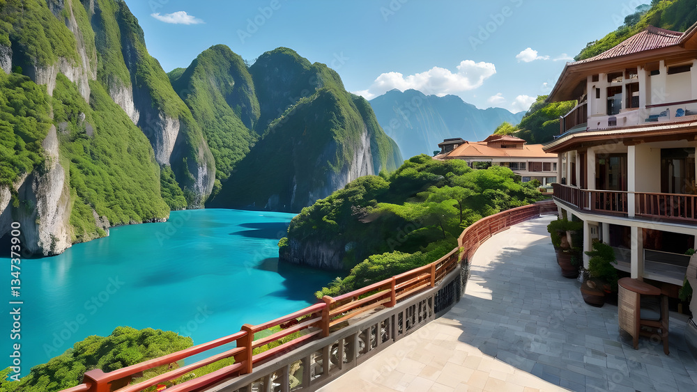 Naklejka premium Luxurious hotel overlooking scenic turquoise lake and majestic mountains in Yunnan, China