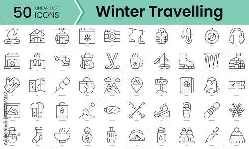 Set of winter travelling icons. Line art style icons bundle. vector illustration