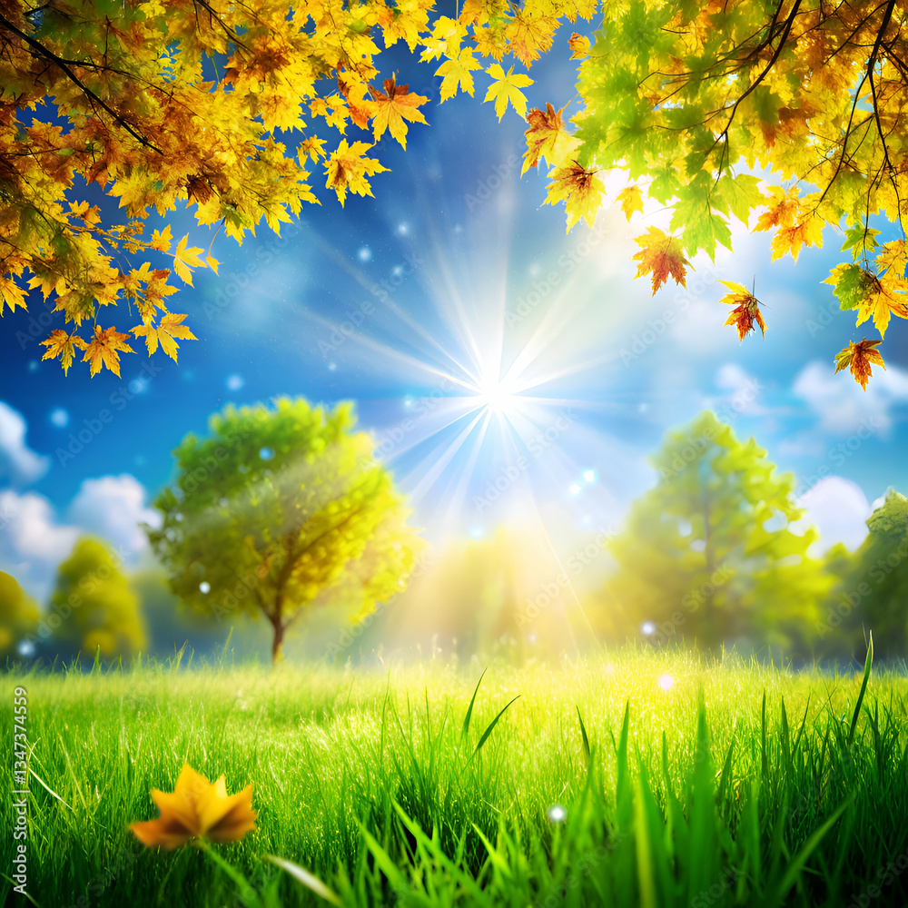 Obraz premium Autumn Landscape. Sunny Meadow with Fall Foliage and Golden Sunlight