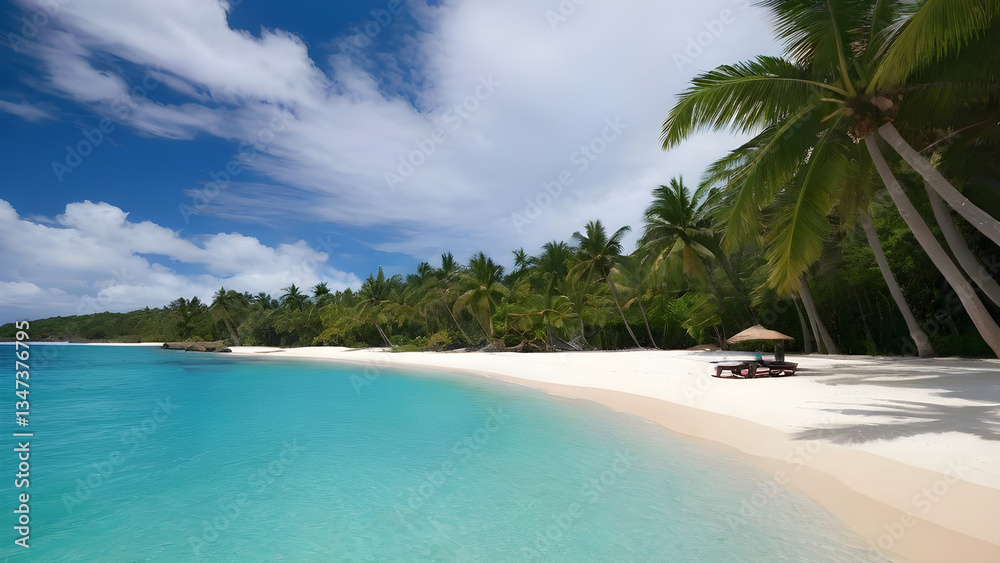 Naklejka premium Breathtaking tropical beach inviting relaxation under palm trees