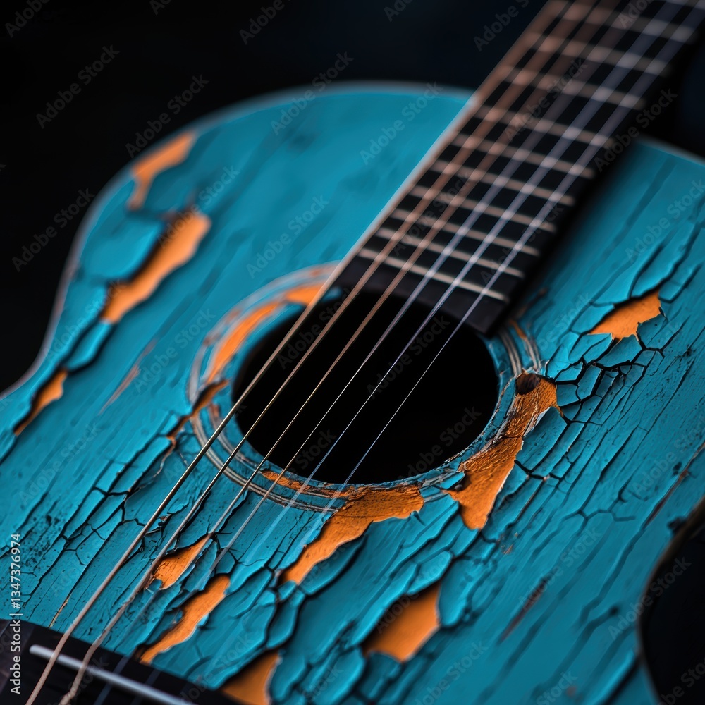 Obraz premium Retro country music poster concept, close-up of an old acoustic guitar, rustic turquoise background with chipped paint, warm golden light, artistic folk theme