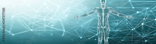 Transparent human figure standing amid a network, used for medical purposes