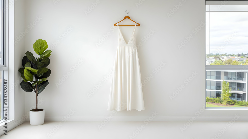 Elegant White Dress Hanging on Wooden Hanger Against White Wall in Modern Room With Green Plant and Window