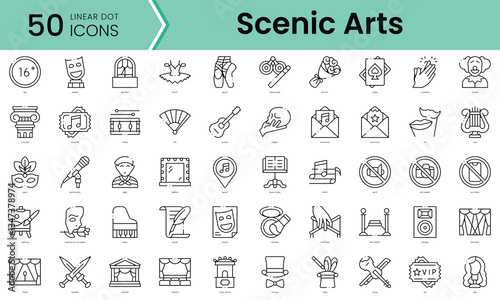 Set of scenic arts icons. Line art style icons bundle. vector illustration