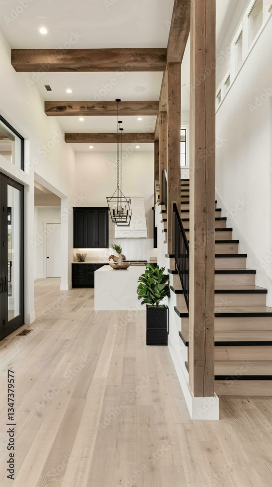 Obraz premium An open-riser oak staircase with sleek black accents, blending modern and rustic styles in a luxury home.